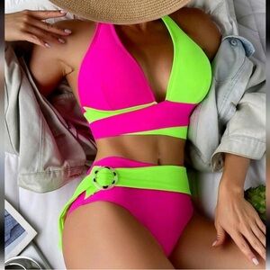 NEW Color Block Criss Cross Halter Ring Belt High Waist Bikini, Women’s Large